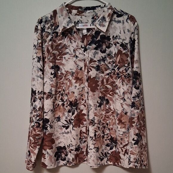 Denim & Co Stretch Woven Button Up Long Sleeve Floral Large - Picture 2 of 12